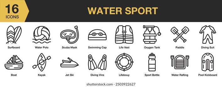 Conjunto de iconos de deporte acuático. Incluye barco, traje de buceo, boya salvavidas, remo, kayak y más. Colección de Vector de iconos de contorno.