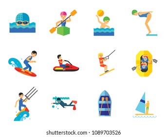 Water Sport Icon Set. Waterskiing Water Jumping Diving Water Polo Windsurfing Swimming Surfing Kayaking Sailing Ship Jet Skiing Kite Surfing River Adventure Boat With Oars