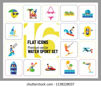 Water Sport Icon Set. Waterskiing Water Jumping Diving Water Polo Windsurfing Swimming Surfing Kayaking Sailing Ship Jet Skiing Kite Surfing River Adventure Boat With Oars