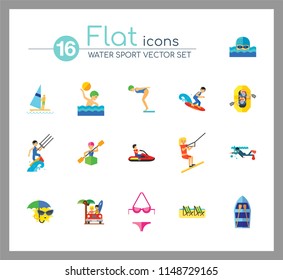 Water Sport Icon Set. Waterskiing Water Jumping Diving Water Polo Windsurfing Swimming Surfing Kayaking Sailing Ship Jet Skiing Kite Surfing River Adventure Boat With Oars