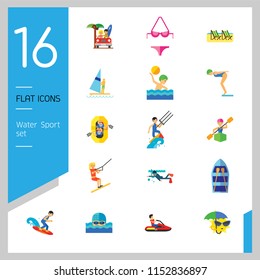 Water Sport Icon Set. Waterskiing Water Jumping Diving Water Polo Windsurfing Swimming Surfing Kayaking Sailing Ship Jet Skiing Kite Surfing River Adventure Boat With Oars