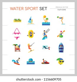 Water Sport Icon Set. Waterskiing Water Jumping Diving Water Polo Windsurfing Swimming Surfing Kayaking Sailing Ship Jet Skiing Kite Surfing River Adventure Boat With Oars