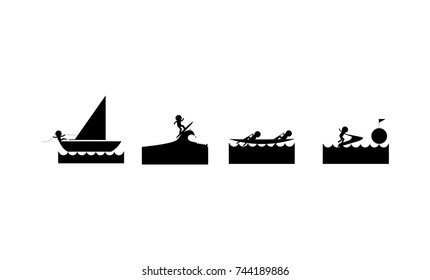 Water sport icon Surfing,Sailboat,Canoe,Jet ski with illustration silhouette vector
