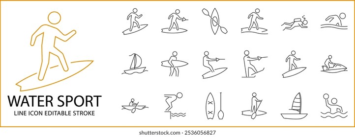 Iconos del deporte acuático en estilo de línea. Contiene deportes acuáticos, natación, vela, tabla de surf, buceo, surf, etc. Ilustración vectorial. Trazo Editable.