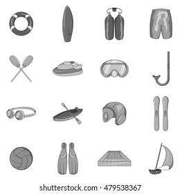 Water sport icons set in black monochrome style. Swimming equipment set collection vector illustration