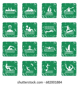 Water sport icons set in grunge style green isolated vector illustration