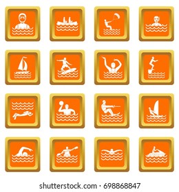 Water sport icons set in orange color isolated vector illustration for web and any design