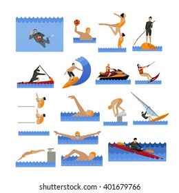 Water sport icons set with people swimming, sailing, jumping to water. Vector illustration in flat style. Design elements and objects isolated on white background.