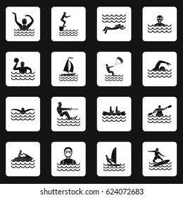 Water sport icons set in white squares on black background simple style vector illustration