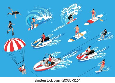 Water sport isometric icons set on blue background illustrating swimming water skiing surfing canoeing isolated vector illustration