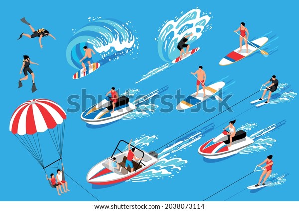 Water sport isometric icons set on blue\
background illustrating swimming water skiing surfing canoeing\
isolated vector\
illustration