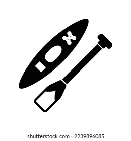 Water sport kayak or canoe icon with a hand paddle in black solid style