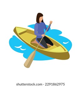 Water sport kayaking isometric icon with woman in boat 3d vector illustration