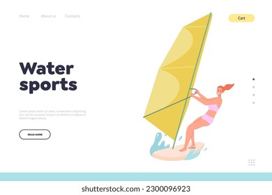 Plantilla de diseño de página de inicio de deportes acuáticos con personaje de dibujos animados de mujeres jóvenes disfrutando del windsurf