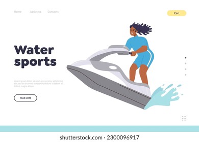 Water sport landing page template advertising extreme jet ski riding in sea during summer vacation