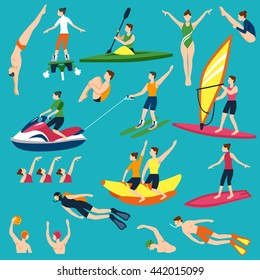 Water Sport and Leasure Activities Flat Icons Set Isolated Vector Illustration