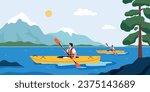 Water sport of outdoor scenery with mountains and river with two men rowing canoe paddle boats vector illustration