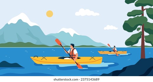 Water sport of outdoor scenery with mountains and river with two men rowing canoe paddle boats vector illustration