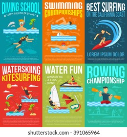 Water sport poster collection for rowing and swimming championships information best surfing water skiing and kite surfing advertising flat vector illustration 