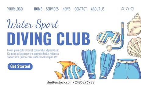 Deportes acuáticos, club de buceo. Aletas, peces exóticos, máscara de buceo, baúles de natación, concha. Plantilla de Vector para Sitio web, Web, en línea, Anuncio, agencia de viajes y turismo, turismo, excursión