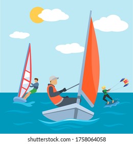 Water sport at sea, kite and surfing activity vector illustration. Extreme surfer people character have active fun at summer beach. Surf boat at wave background, cartoon board and kitesurfing.