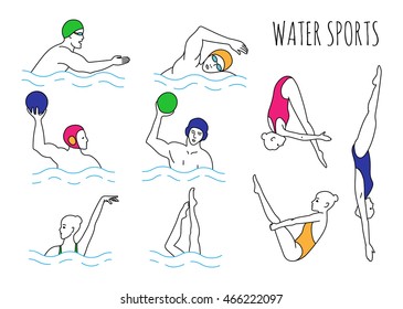 Water sport set. Illustration of swimmers, water polo players, divers, synchro-swimmers. EPS 10 vector collection isolated on white.