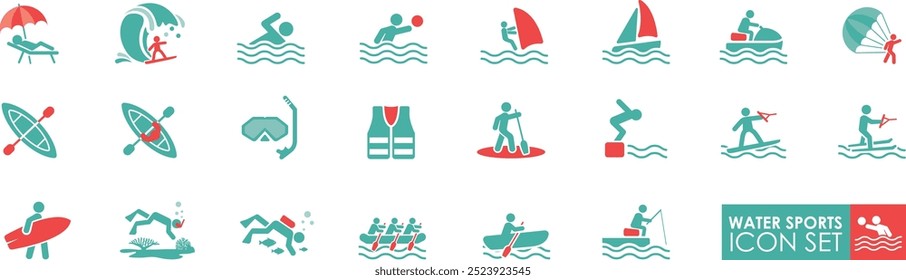 El conjunto de iconos sólidos de deportes acuáticos, contiene iconos como montar en bicicleta acuática, windsurf, sup, y más