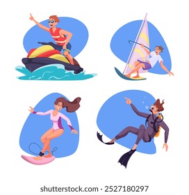 Deportes acuáticos. Surfboard kayak buceo diferentes actividades acuáticas Vector exacto de dibujos animados personas felices en la acción poses