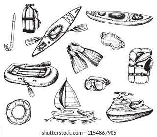 Water sport and travel icons. Set of hand drawn vector kayak, diving and rafting inventory