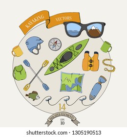 Water sport and travel icons. Set of hand drawn vector kayak, diving and rafting inventory. Isolated objects: boat, helmet, paddle, life jacket, compass, fish, glasses, mountains, rope, backpack, map.