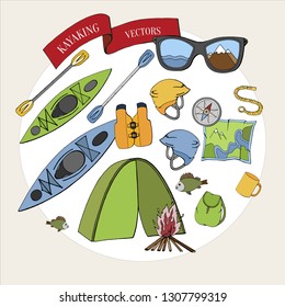 Water sport and travel icons. Set of hand drawn vector kayak, diving and rafting inventory. Isolated objects: boat, helmet, paddle, life jacket, compass, fish, glasses, mountains, rope, backpack, map.