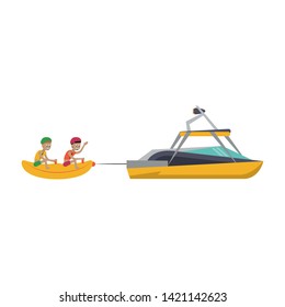 Water sport two men on banana float with boat vector illustration graphic design