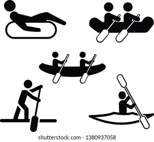 Conjunto de iconos del vector de deportes náuticos — Canoa, Rafting, Kayak, Tubing, Placa de remo