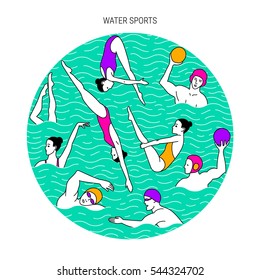 Water sport vector illustration. Round composition with water polo players, divers, synchro-swimmers. EPS 10 isolated on white.