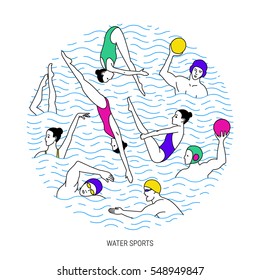 Water sport vector illustration. Round composition with water polo players, divers, synchro-swimmers. EPS 10 isolated on white.