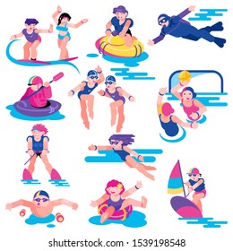 Water sport vector people character on vacation surfing on surf board illustration set of man woman kids character swimmping playing water polo and kayaking in sea, isolated on white background.