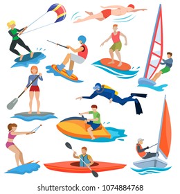 Water sport vector people in extreme activity or windsurfer and kitesurfer illustration set of sportsman characters swimmers surfing or windsurfing isolated on white background