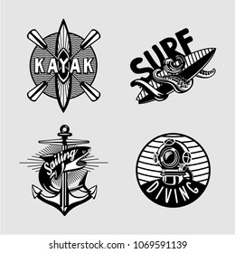 Water sport vintage embleme set with kayak, scuba, anchor and surfboard. Black and white t shirt prints.