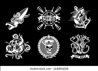 Water sport vintage icon set. Retro style vector emblem pack. Ship and boats equipment. Black and white nautical labels. Tattoo style