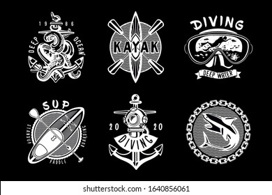 Water sport vintage icon set. Retro style vector emblem pack. Diving, kayak, boats. Black and white nautical labels. Tattoo style
