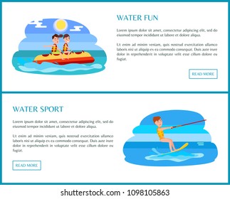 Water sport web set with text sample and headline button, banana boat or kitesurfing, summer activities in ocean, isolated on vector illustration.