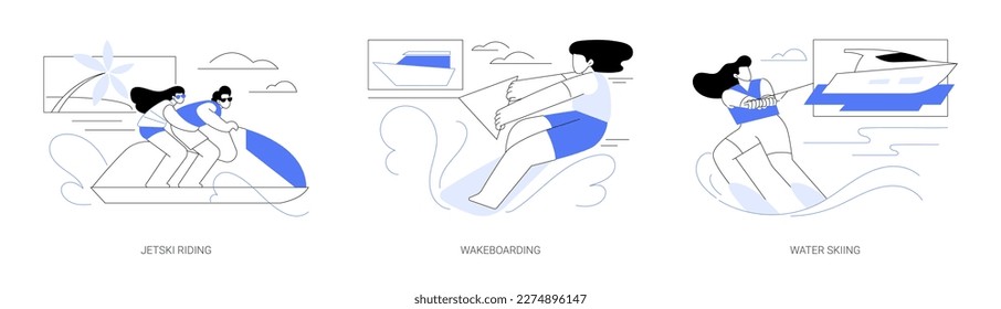 Water sports abstract concept vector illustration set. Jetski riding, wakeboarding extreme hobby, water skiing, sea transport, summer active lifestyle, maritime adventure abstract metaphor.