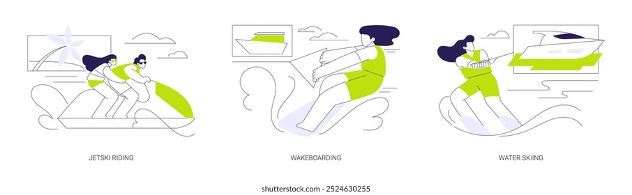 Conjunto de Ilustración vectorial de concepto abstracto de deportes acuáticos. Jetski, wakeboard, hobby extremo, esquí acuático, transporte marítimo, estilo de vida activo de verano, aventura marítima, metáfora abstracta.