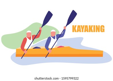 Water Sports, Active Recreation Flat Vector Concepts Isolated on White Background. two Women on Boat,  Canoeing and Paddling Illustration. Kayaking Sport Competition. Sportsmen Rowing competition