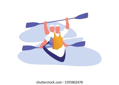 Water Sports, Active Recreation Flat Vector Concepts Isolated on White Background. men on Boat, Canoeing and Paddling Illustration. Kayaking Sport Competition. Sportsmen Rowing on the blue background