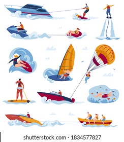 Water sports activity vector illustration set. Cartoon flat sea beach entertainment collection with sportsman surfer character windsurfing, active people parasailing, diving, skiing isolated on white