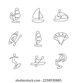 Water sports artistic style continuous line icons. Editable stroke.