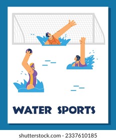 Water sports banner or championship poster template, flat cartoon vector illustration isolated on white background. Water polo and sport games advertising banner.