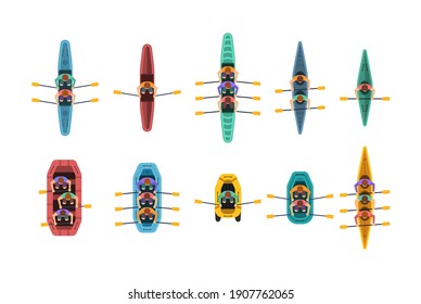 Water sports boat team, canoeing and kayaking. Rowing top view on white background. Athletes paddling kayaks, kayaking water sport, outdoor activities in summertime. Vector illustration in flat style.