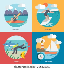 Water sports boating surfing diving yachting flat icons set isolated vector illustration